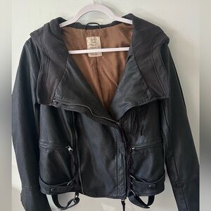 Free People "Cleo" Vegan Leather Moto Jacket - Edgy Biker Vibes w/ Hoodie (M)